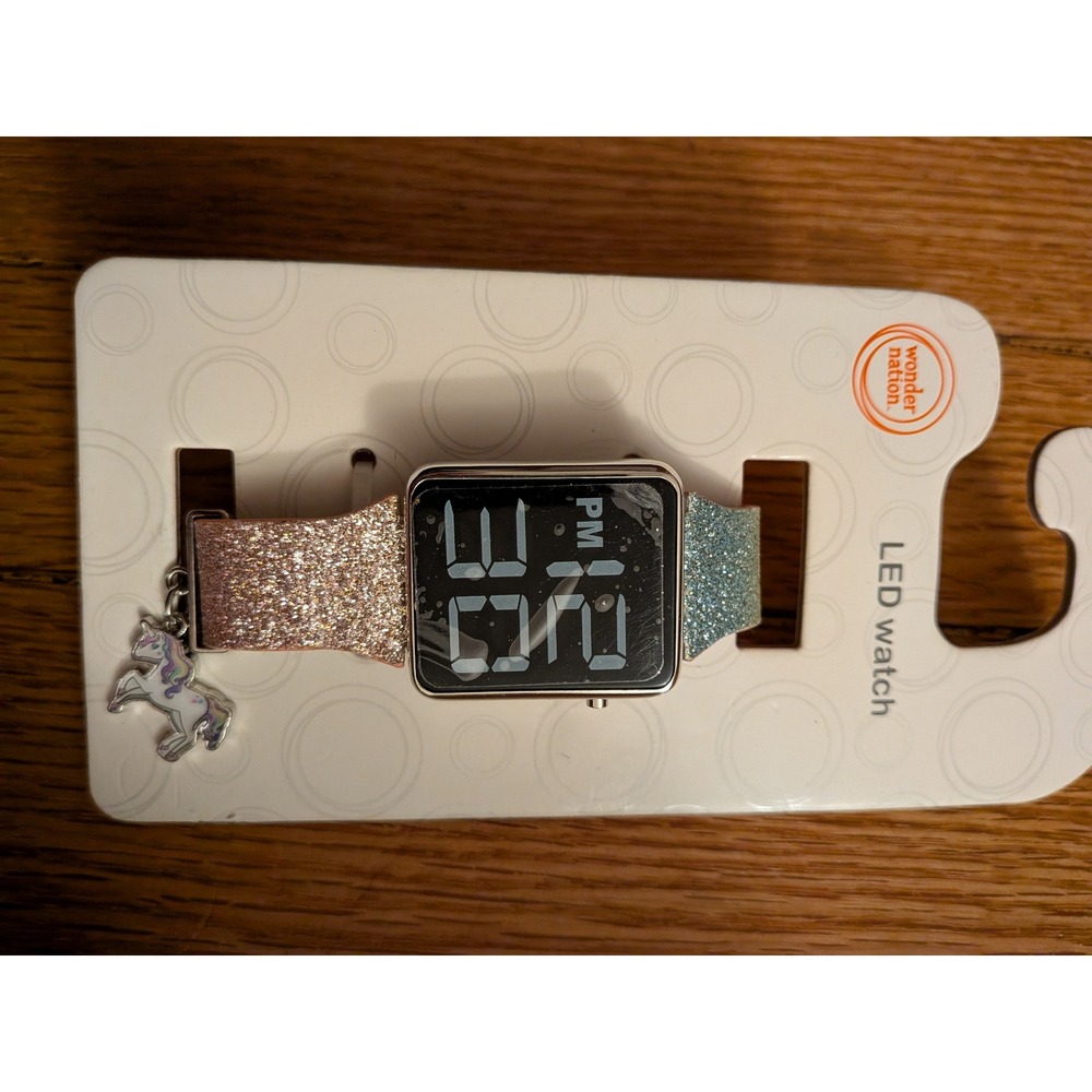 Wonder Nation Girls LED Digital Watch Pink Blue Glitter Ombre Unicorn Charm NEW
